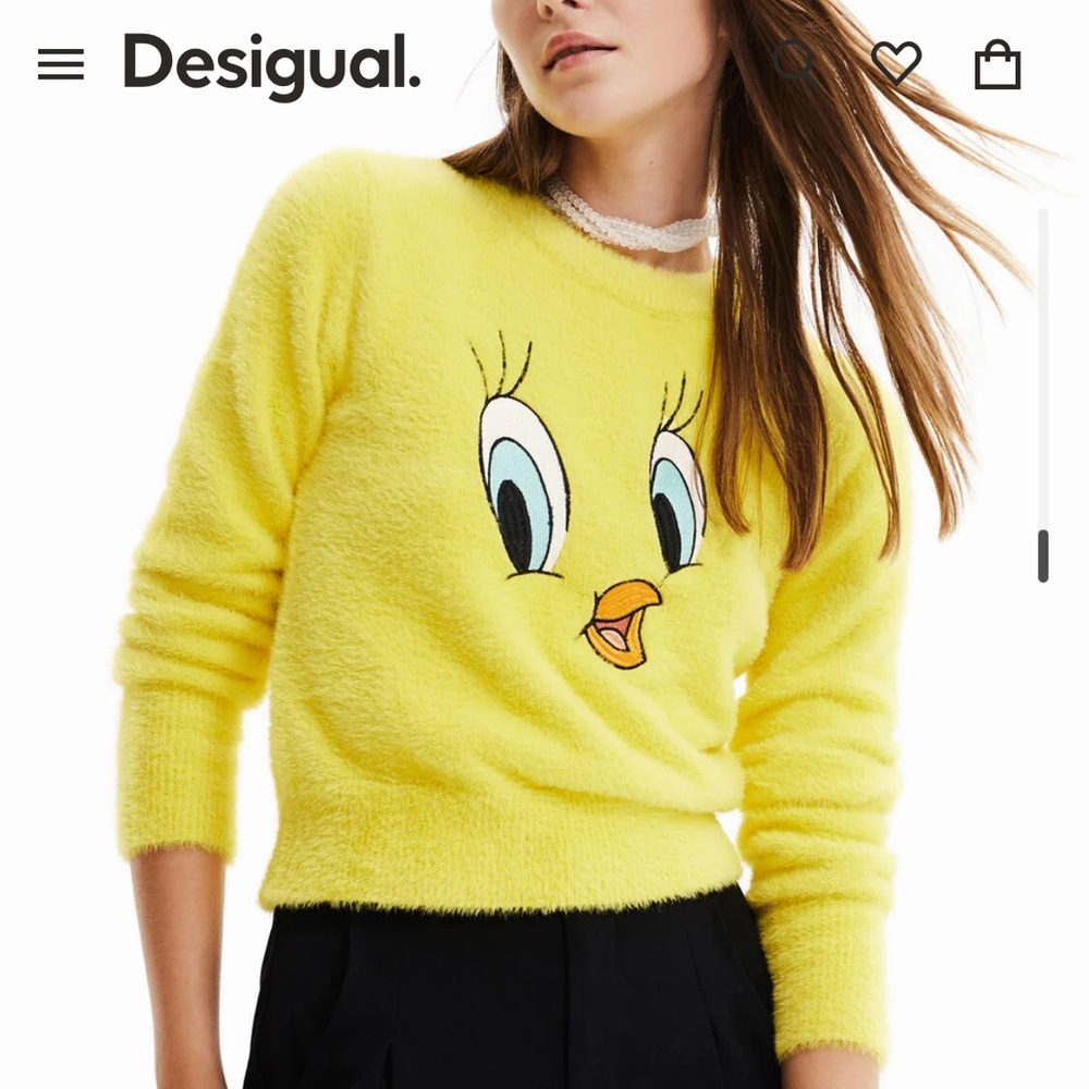 NWOT Desigual. Looney tunes Tweety face yellow jumper crew neck sweater size S